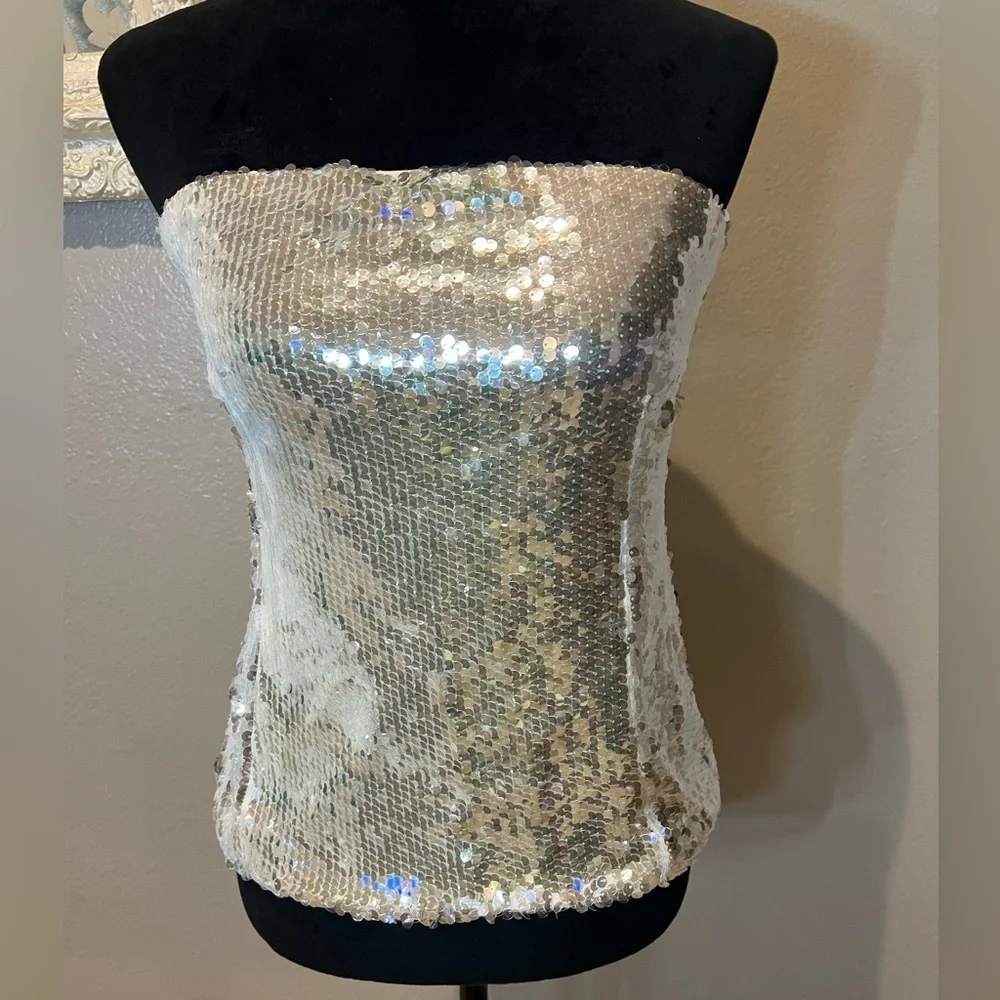 White sequin tube top with silver shine to it. - Picture 3 of 9